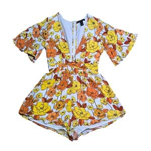Forever 21 Floral Romper Orange Yellow Retro 70s Style V-Neck Small